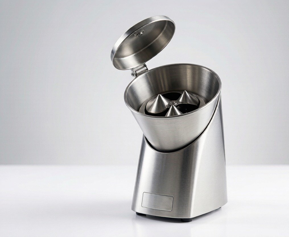 Close-up of a stainless steel conical burr coffee grinder with open hopper revealing the burr chamber