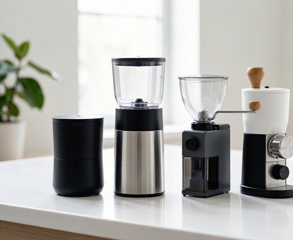 An assortment of coffee grinders including a blade grinder, an electric conical burr grinder, and a manual hand grinder arranged on a white counter