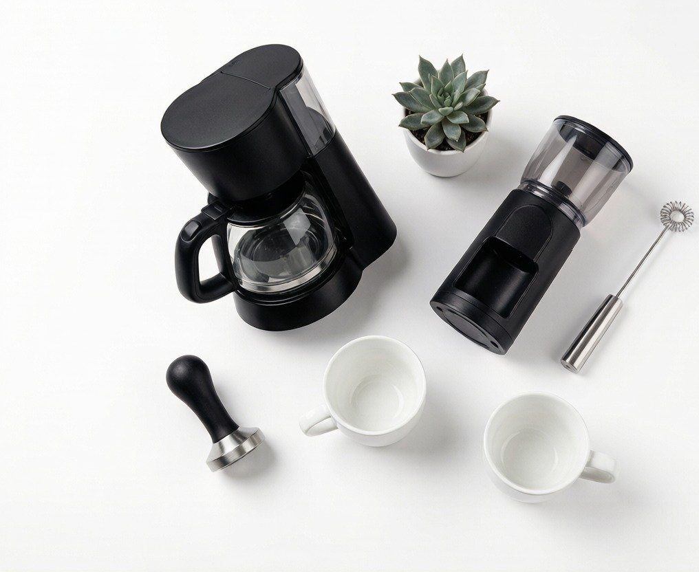 Flat-lay of a coffee station starter kit with brewer, grinder, tamper, frother, and cups arranged on a white surface
