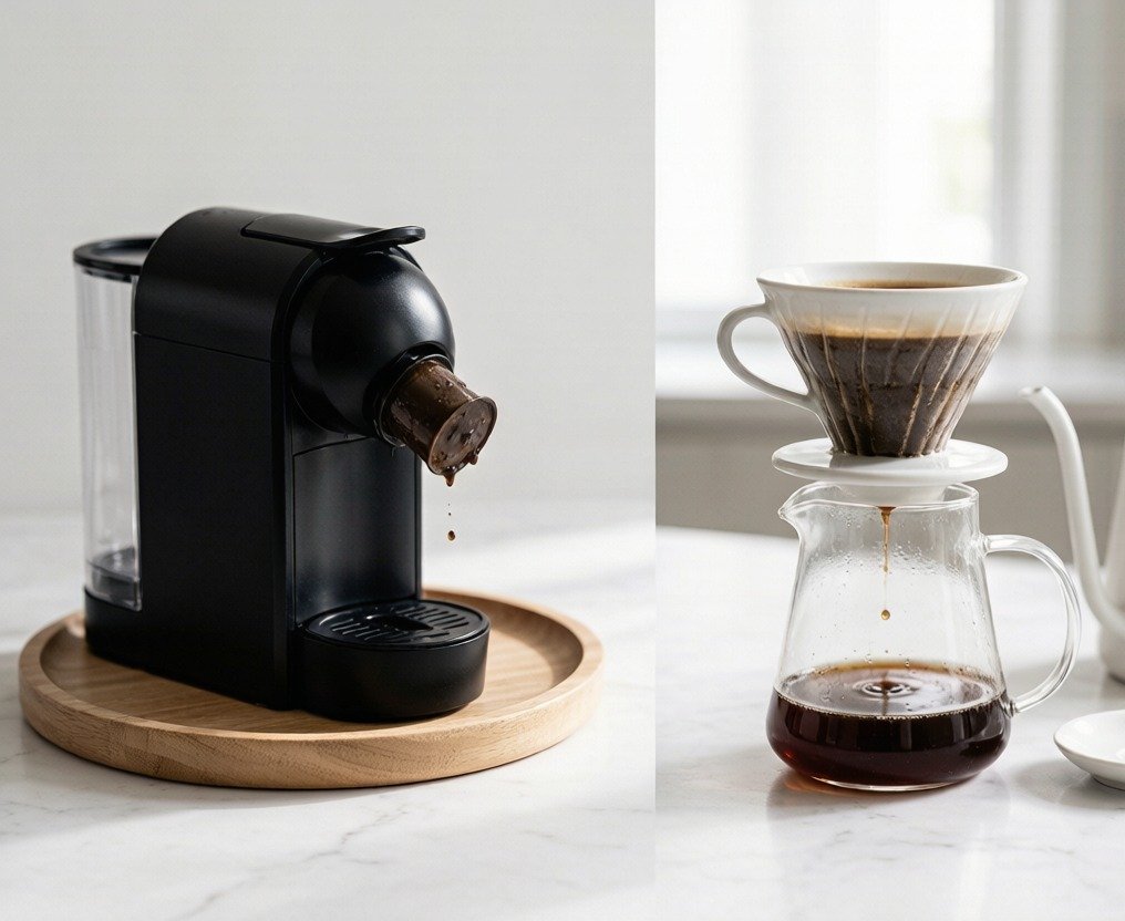 Illustration comparing pod, ground, and whole bean coffee formats with decision factors