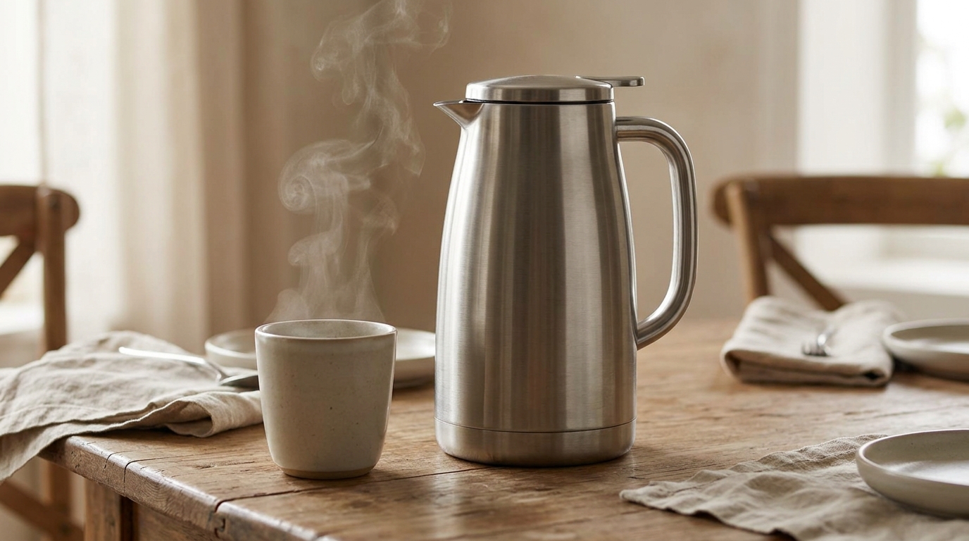 Stainless steel thermal coffee carafe on a wooden dining table