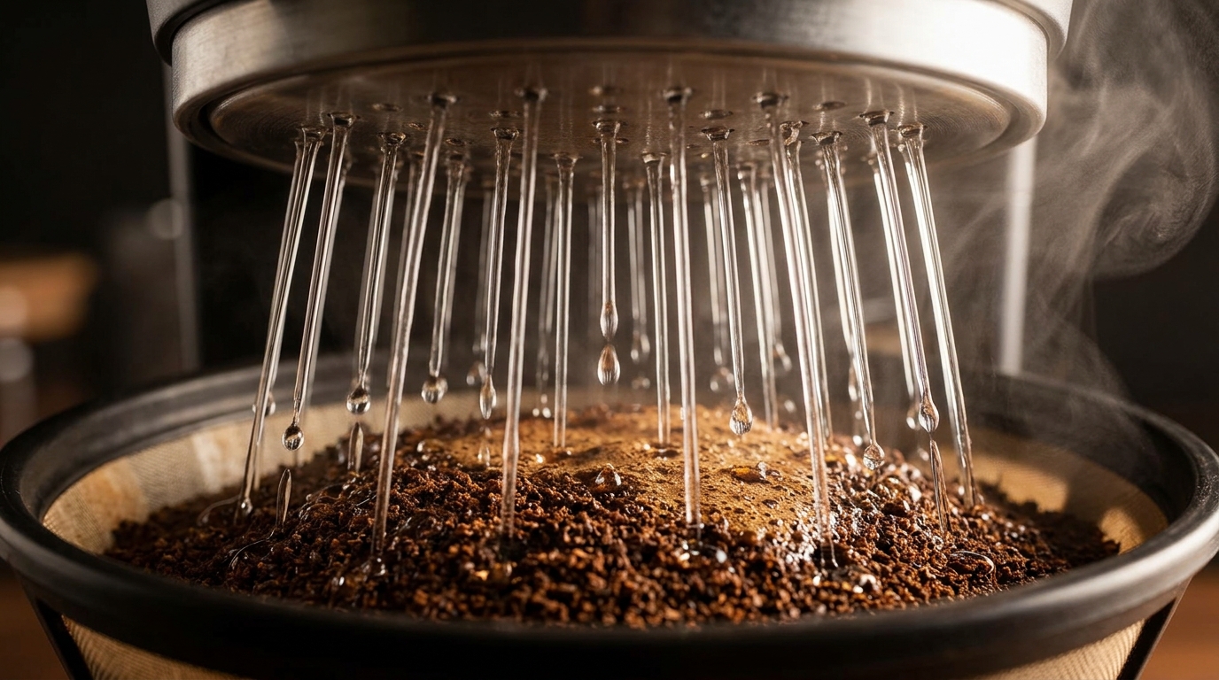 Showerhead distributing hot water over ground coffee bed in filter basket