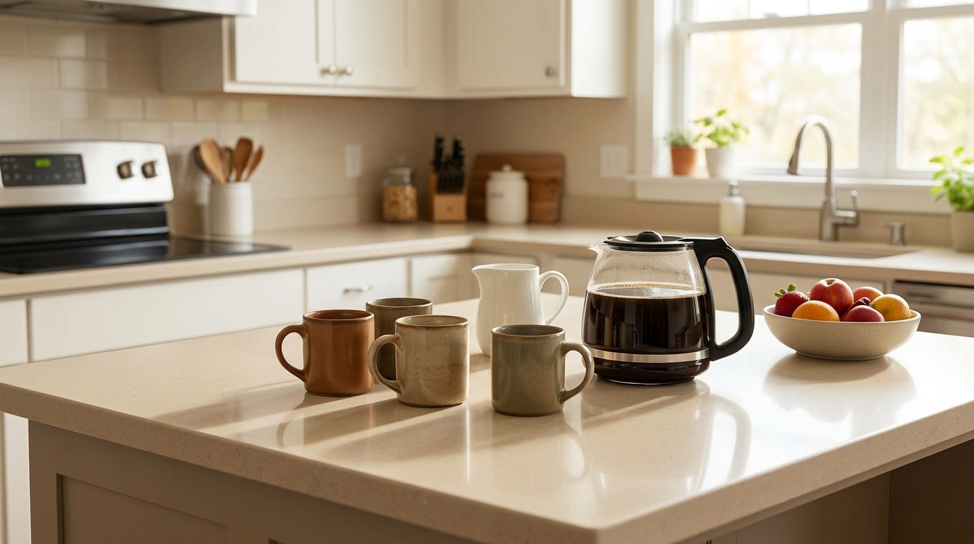 Multi-cup breakfast coffee station with carafe and mugs ready for serving