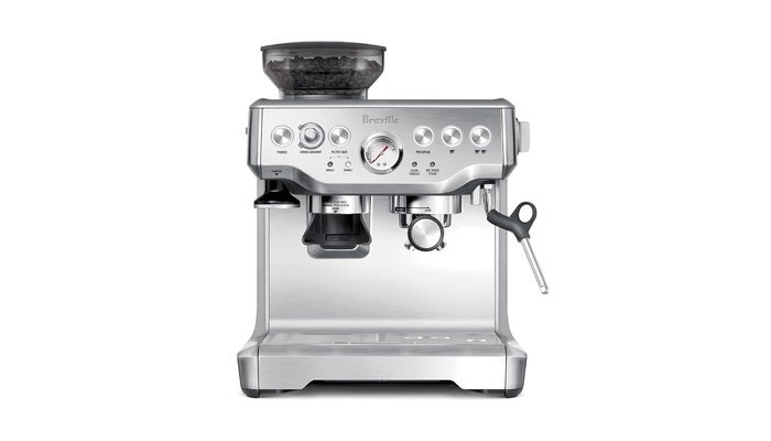 Breville Smart Grinder Pro conical burr coffee grinder in stainless steel on kitchen counter