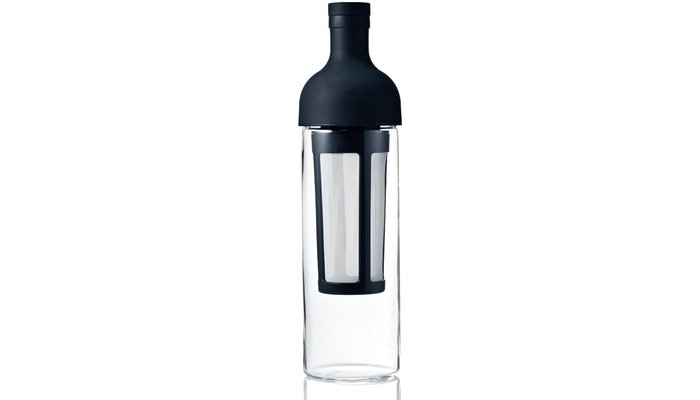 Hario cold brew coffee bottle with filter insert on counter