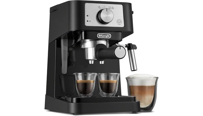 De'Longhi Stilosa compact black espresso machine with manual milk frother on kitchen counter