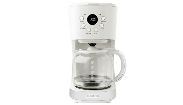 HADEN 12-cup programmable drip coffee maker with retro stainless steel design brewing a full carafe on a kitchen counter