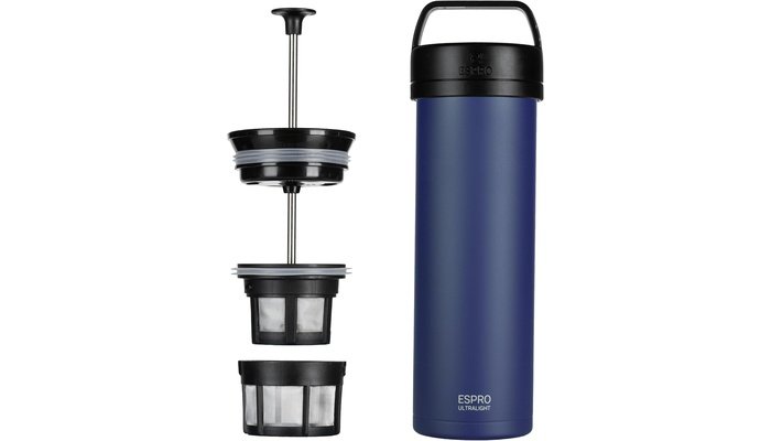 ESPRO Go P0 Ultralight French Press French press coffee maker with stainless steel frame on a wooden table