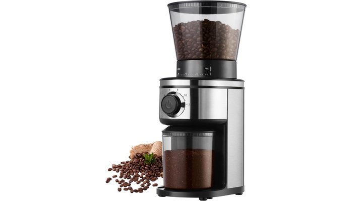 Ollygrin BG702S electric conical burr coffee grinder in silver and black with 30 adjustable grind settings