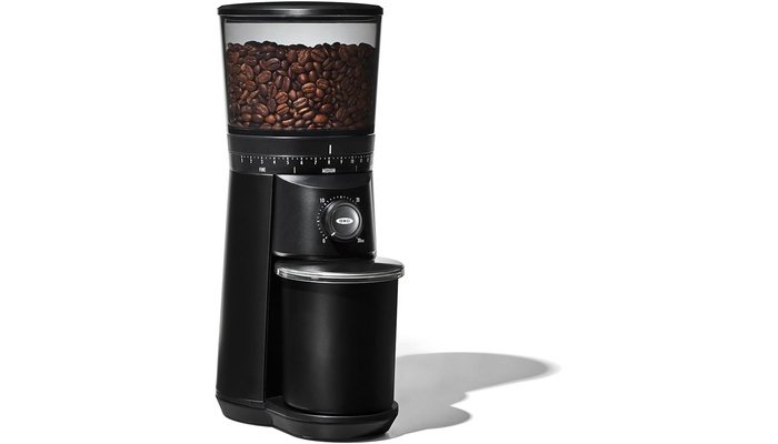 OXO Brew conical burr coffee grinder in matte black with large hopper and stainless steel body