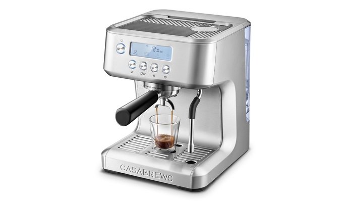 CASABREWS espresso machine with LCD display and large water tank brewing coffee on a modern kitchen counter