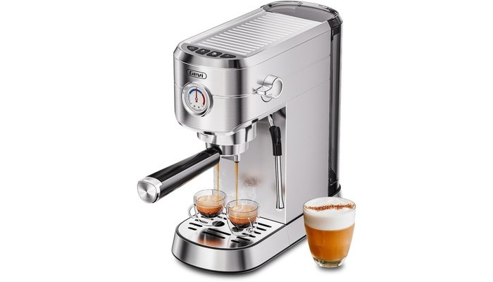 Gevi 20 Bar Compact Espresso Machine in sterling silver on kitchen counter with fresh espresso