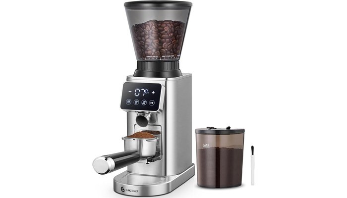 AMZCHEF CG209 burr coffee grinder in metallic silver with touchscreen control on kitchen counter