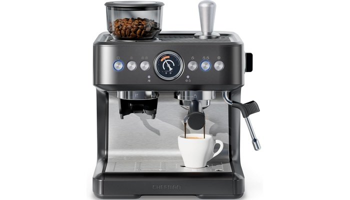 Chefman Crema Deluxe espresso machine with double boiler, milk frother and built-in coffee grinder on kitchen counter