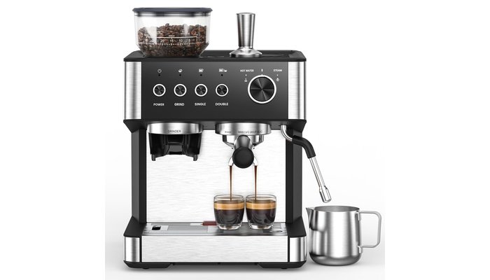 Electactic espresso machine with built-in grinder in gloss black on kitchen counter