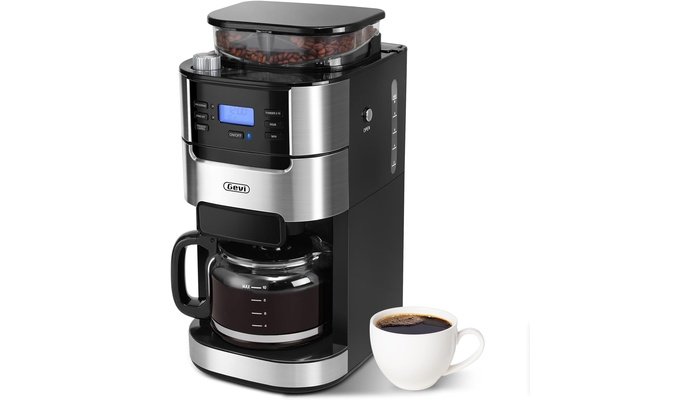 Gevi 10-Cup Grind-And-Brew Drip Coffee Maker 10-cup drip coffee maker with built-in grinder brewing coffee from freshly ground beans on a counter
