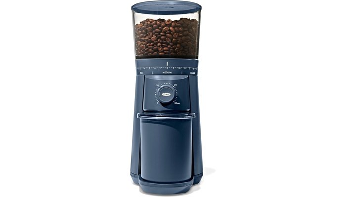 OXO Brew conical burr coffee grinder in striking Storm Blue finish with large hopper